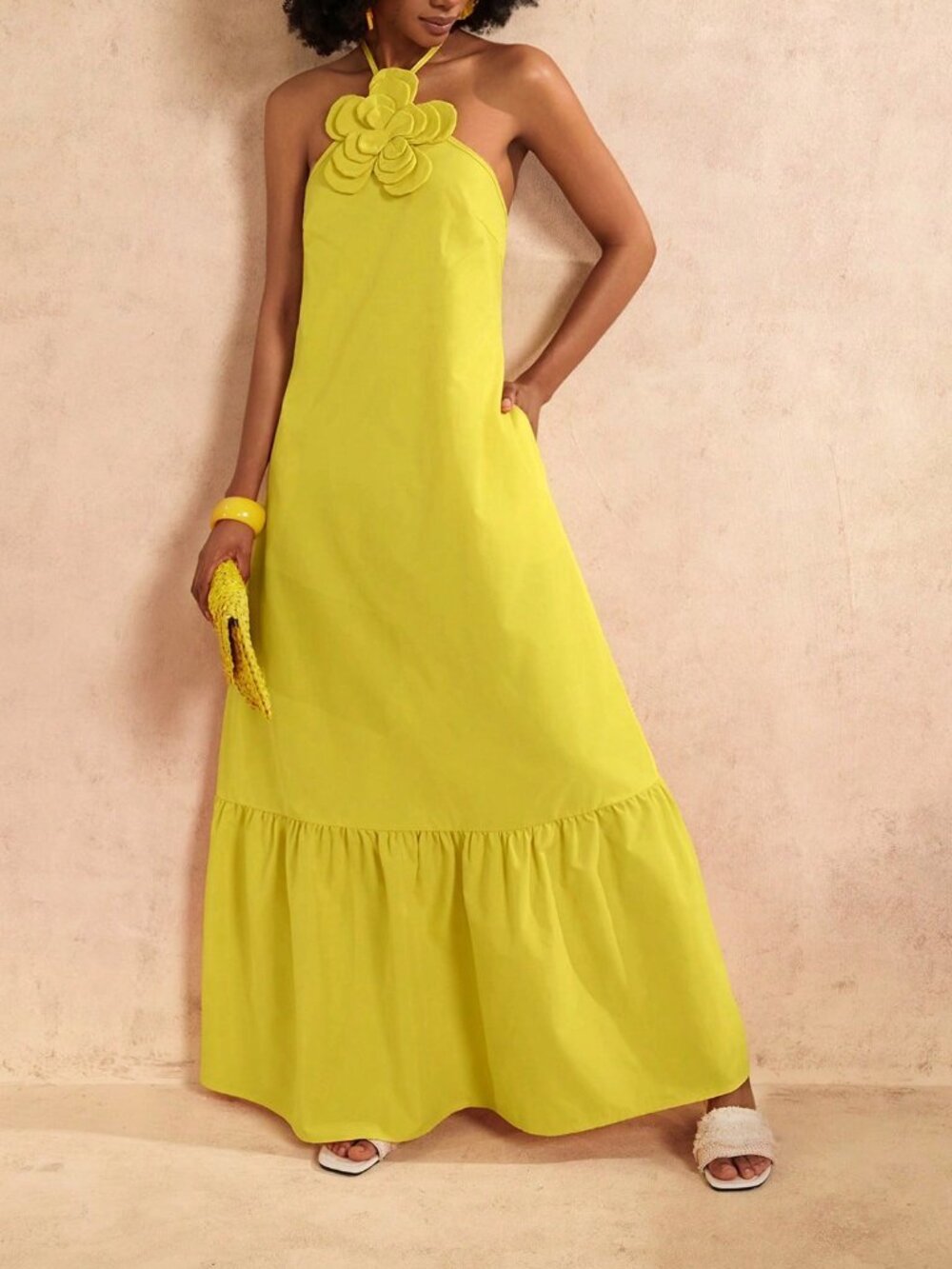 Yellow Casual Women's Halter Tie-Up 3D Floral Decor Open Back A-Line Dress - Picture 5 of 8